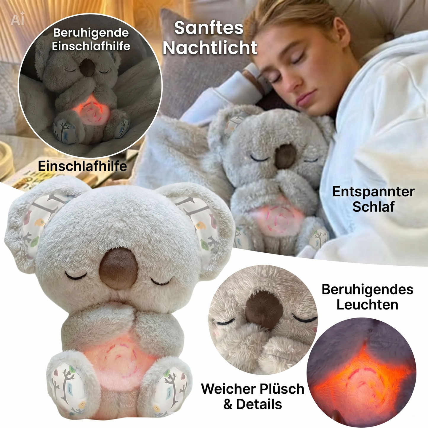 NÆL® Koala Einschlafhilfe – Kuscheltier mit Atemsimulation, Nachtlicht & Musik