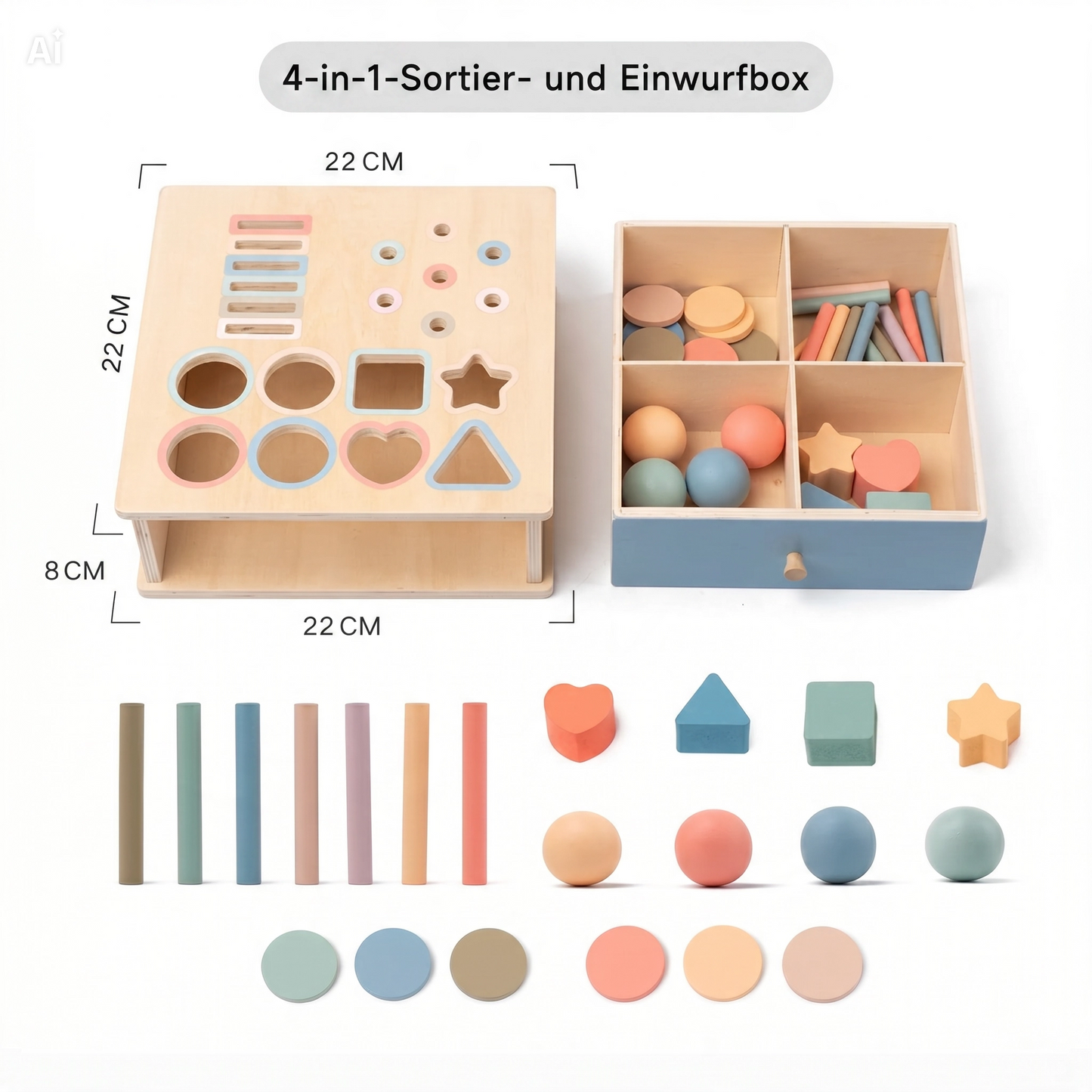 NÆL® Montessori Lernbox aus Holz – Spielerisch Farben, Formen und Motorik entdecken